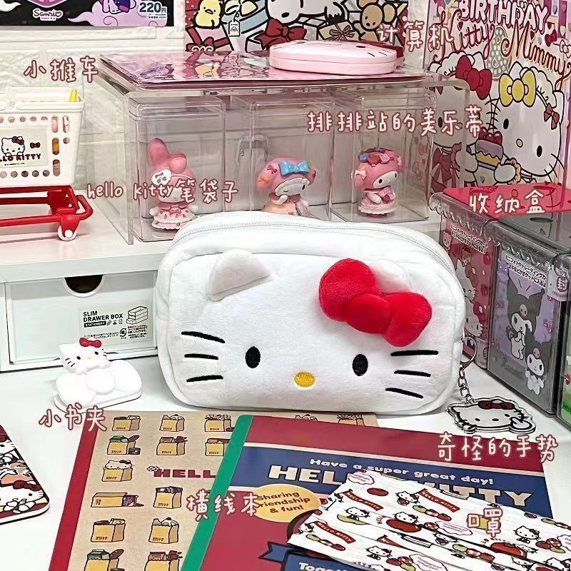 2025Hot-Selling Hello Kitty Plush Pen Japanese Style Cute Soft Student Stationery Storage Bag Large Capacity Stationery Box