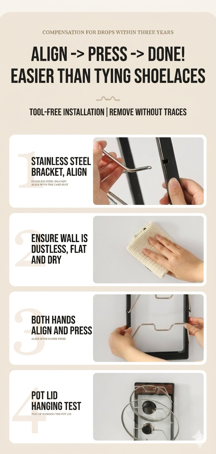 Step-by-step guide for using a stainless steel bracket with images of hands performing actions.