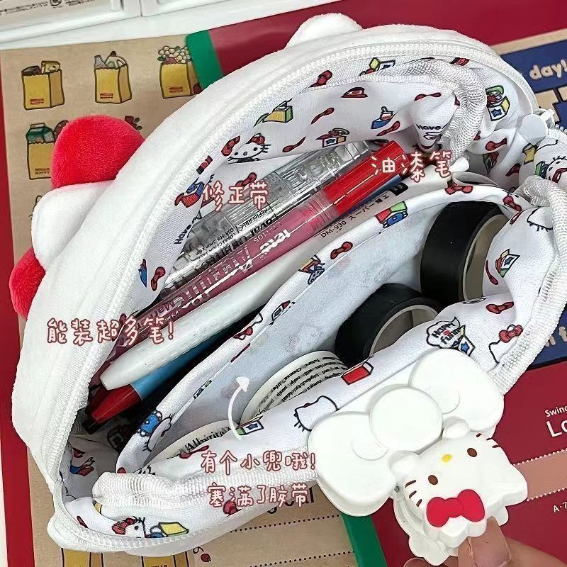 2025Hot-Selling Hello Kitty Plush Pen Japanese Style Cute Soft Student Stationery Storage Bag Large Capacity Stationery Box