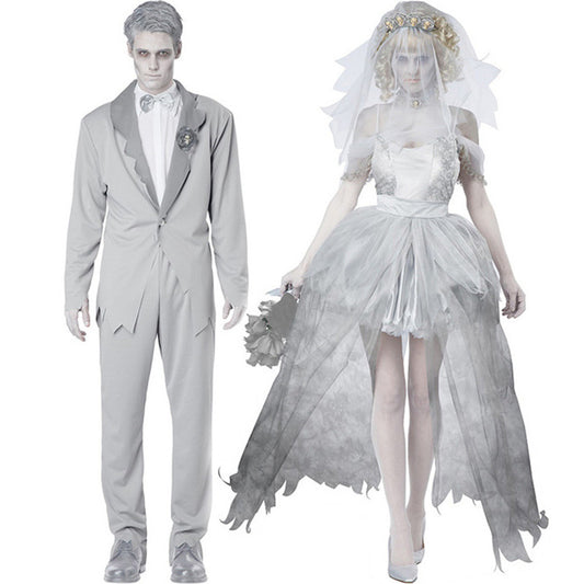 White Sexy Zombie Bride Costume – Halloween Couple Outfit, Spooky Party Cosplay & Lingerie-Inspired Dress