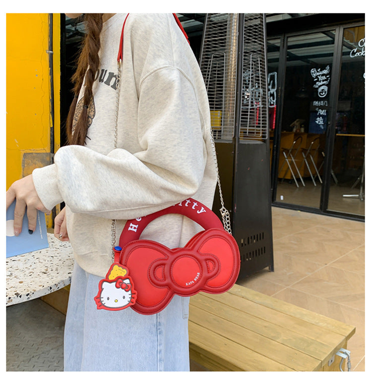 Super Popular Sweet Little Cat Girl Heart Handbag Korean Style Trendy Single Shoulder Crossbody Bag Cute Bowknot Shaped Bag