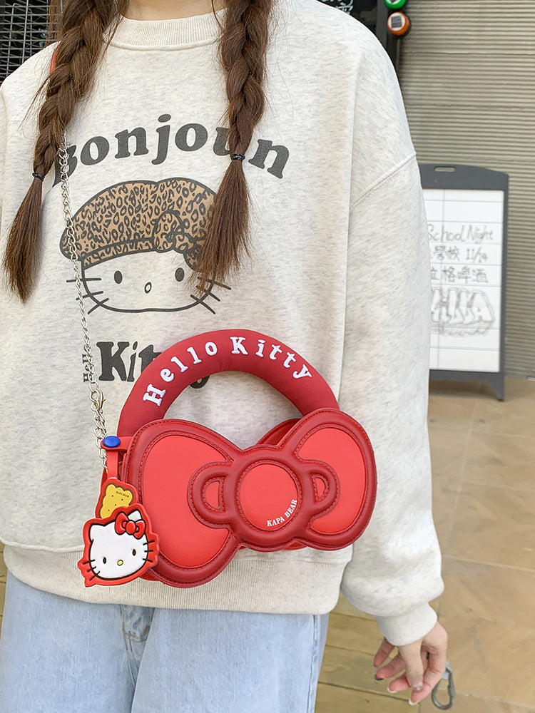 Super Popular Sweet Little Cat Girl Heart Handbag Korean Style Trendy Single Shoulder Crossbody Bag Cute Bowknot Shaped Bag
