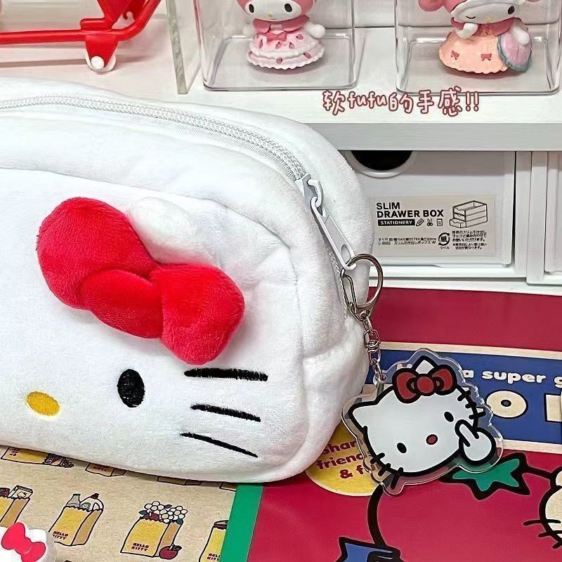 2025Hot-Selling Hello Kitty Plush Pen Japanese Style Cute Soft Student Stationery Storage Bag Large Capacity Stationery Box