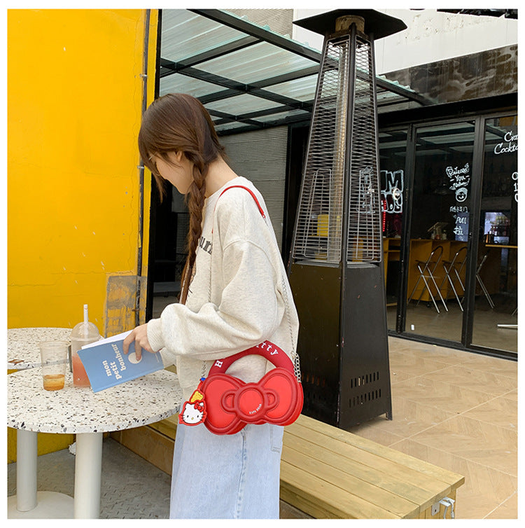 Super Popular Sweet Little Cat Girl Heart Handbag Korean Style Trendy Single Shoulder Crossbody Bag Cute Bowknot Shaped Bag