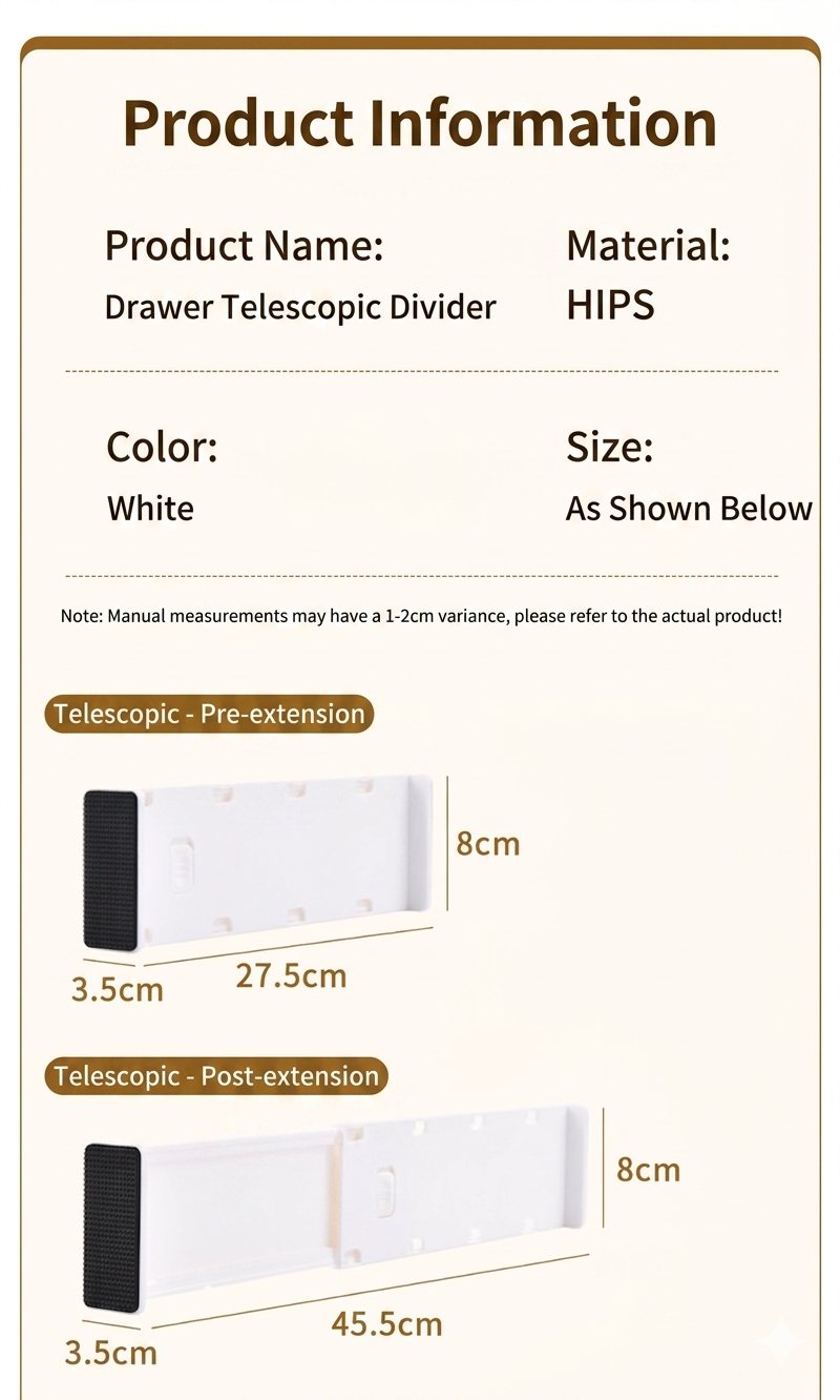 Product information card for a white drawer telescopic divider with dimensions.