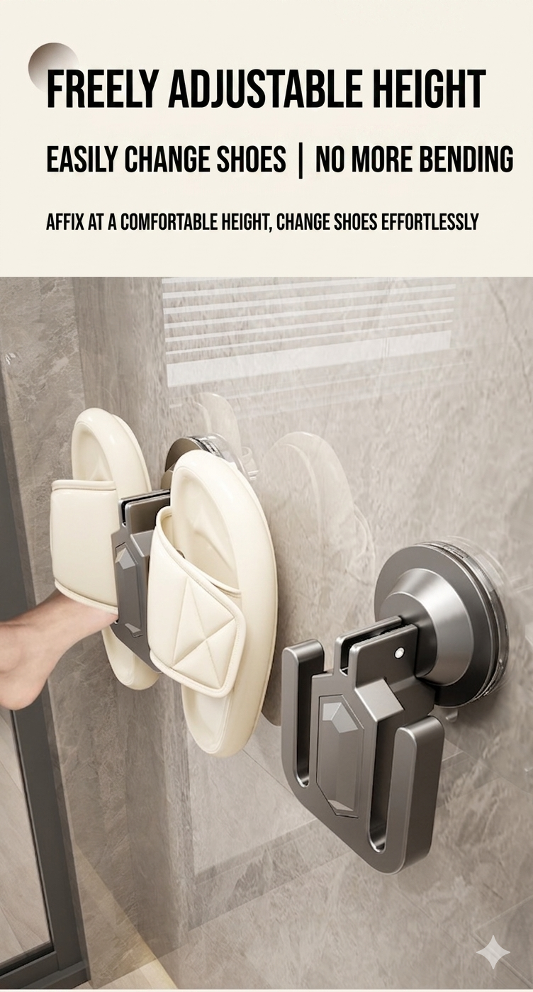 Freely adjustable height shoe rack attached to a wall with text highlighting its features.