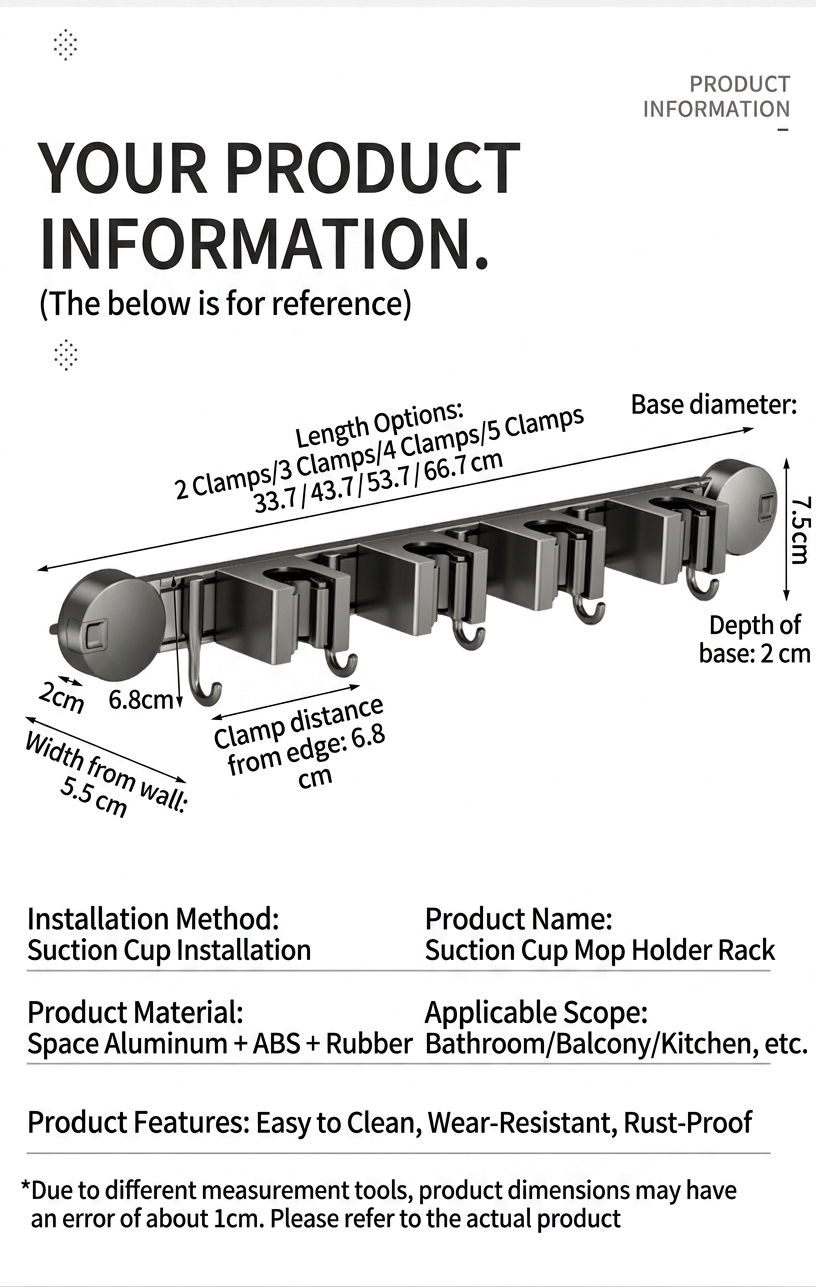 Suction cup mop holder rack with dimensions and installation information on a white background