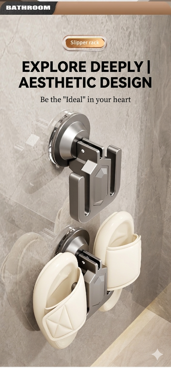 Shoe rack with slippers on a bathroom wall, featuring text about aesthetic design.
