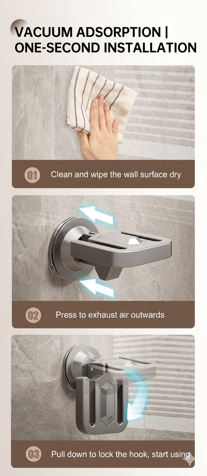 Step-by-step installation guide for a vacuum absorption hook system.