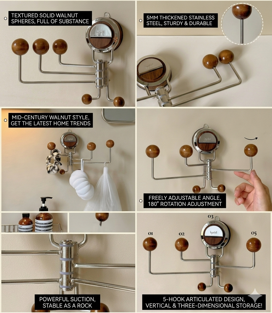 Collage of an articulated magnetic wall hook with features and installation details.