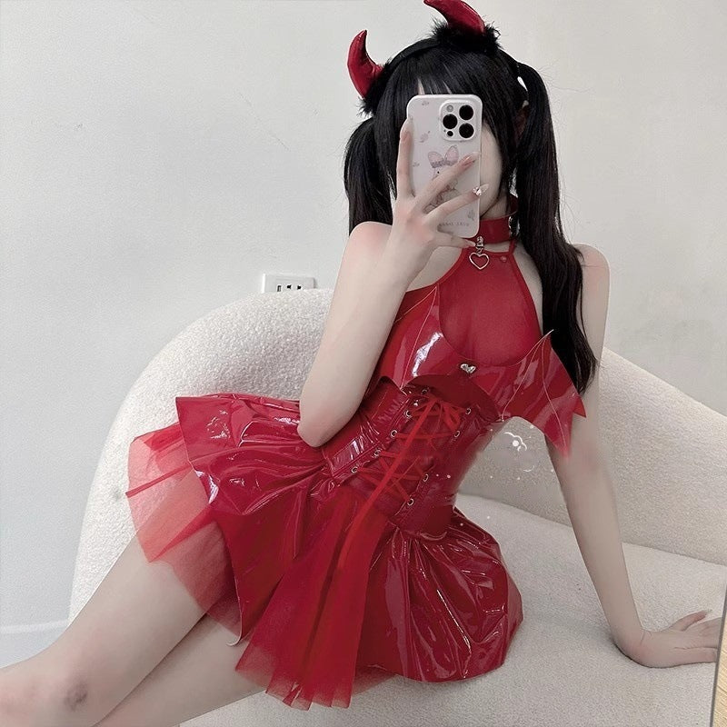 Shiny Devil Cosplay Costume – Patent Leather Lace-Up Mini Dress, Succubus Outfit for Halloween or Christmas