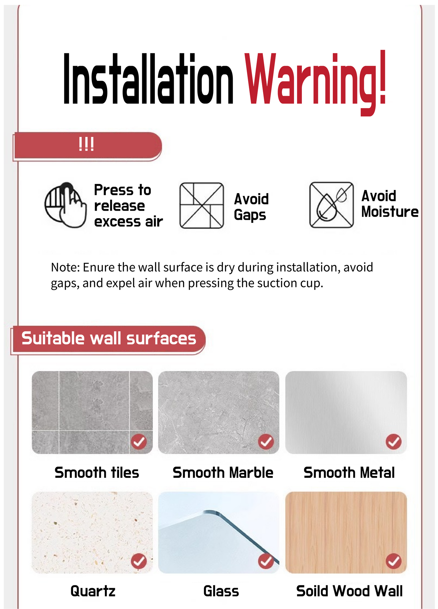 Installation warning label with symbols and text on a white background