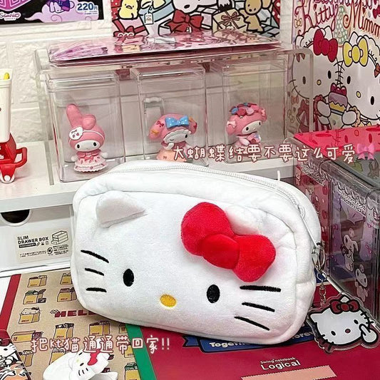 2025Hot-Selling Hello Kitty Plush Pen Japanese Style Cute Soft Student Stationery Storage Bag Large Capacity Stationery Box