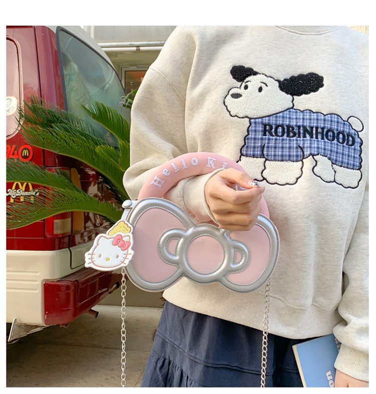 Super Popular Sweet Little Cat Girl Heart Handbag Korean Style Trendy Single Shoulder Crossbody Bag Cute Bowknot Shaped Bag