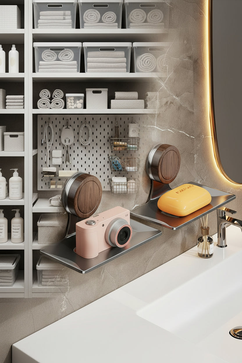 A modern, no-drill suction soap dish installed on a bathroom wall, featuring a sleek metallic tray with drainage holes for keeping bar soap dry.