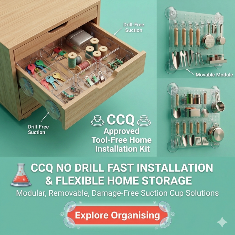 Organizing tools with drill-free suction and movable modules on a teal background