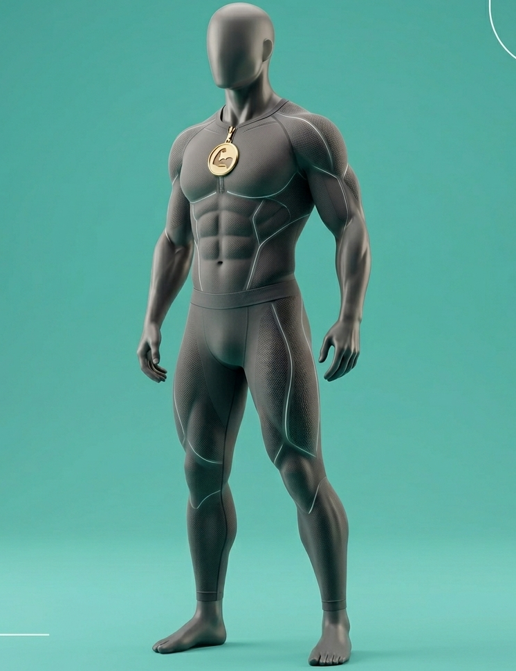 Mannequin wearing a futuristic gray suit on a teal background